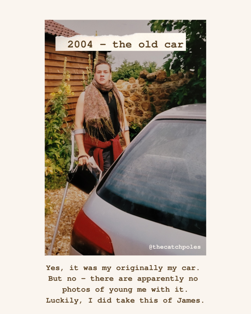 Text reads 'yes, it was originally my car. But no - there are apparently no photos of young me with it. Luckily, I did take this of James.